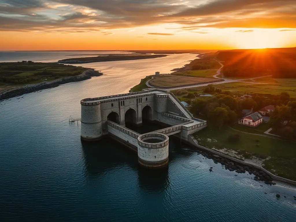 A picturesque aerial view of a restored fish lock at sunset, showcasing the intricate stone structure and its integration with the natural coastal environment. The image highlights the beauty and historical significance of these maritime landmarks.