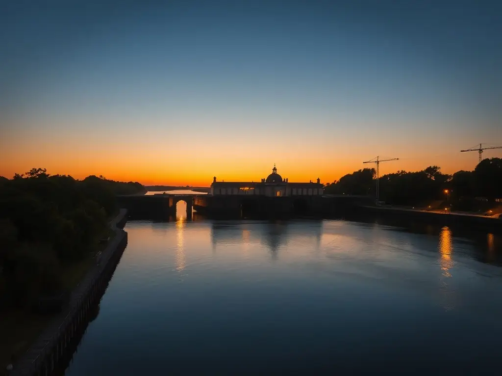 A scenic view of a restored fish lock at sunset on Île de Ré, showcasing the beauty and historical significance of these structures.
