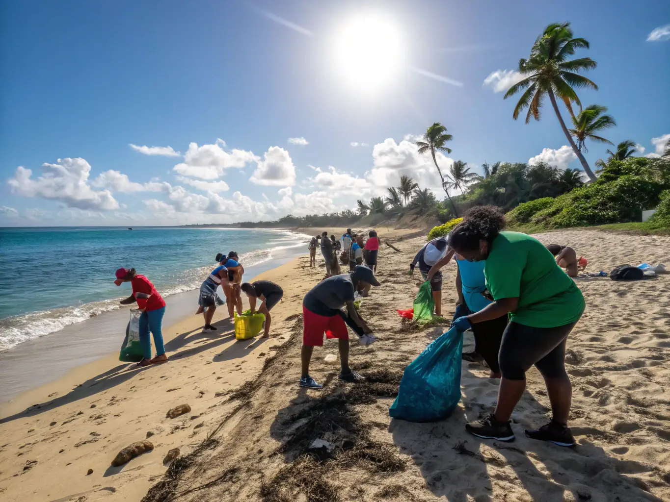 A group of volunteers participating in a beach cleanup, removing plastic waste and debris from the shoreline. The image emphasizes the importance of community involvement in protecting marine ecosystems.