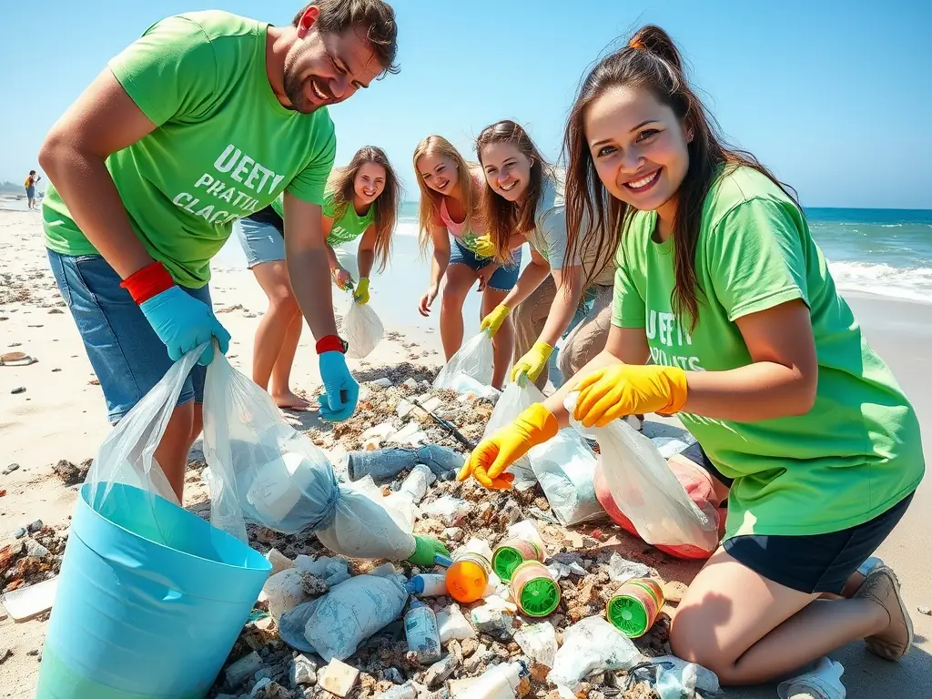 A group of volunteers participating in a coastal cleanup activity on Île de Ré, demonstrating community involvement in environmental preservation.
