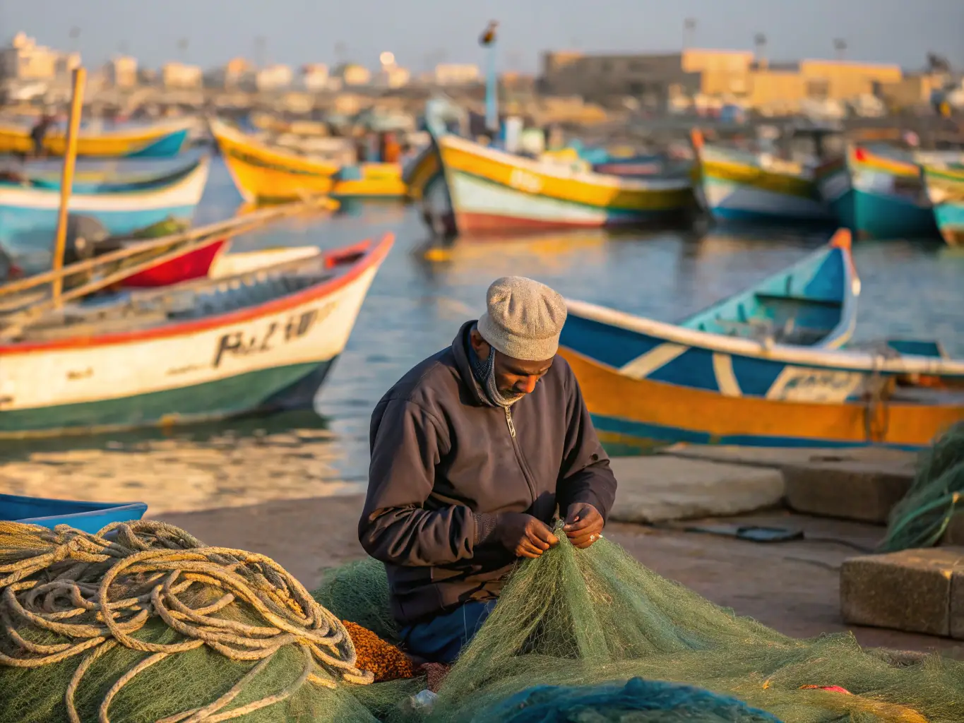 A workshop where local artisans are demonstrating traditional fishing techniques to a group of students. The image captures the intergenerational transfer of knowledge and the preservation of cultural heritage.